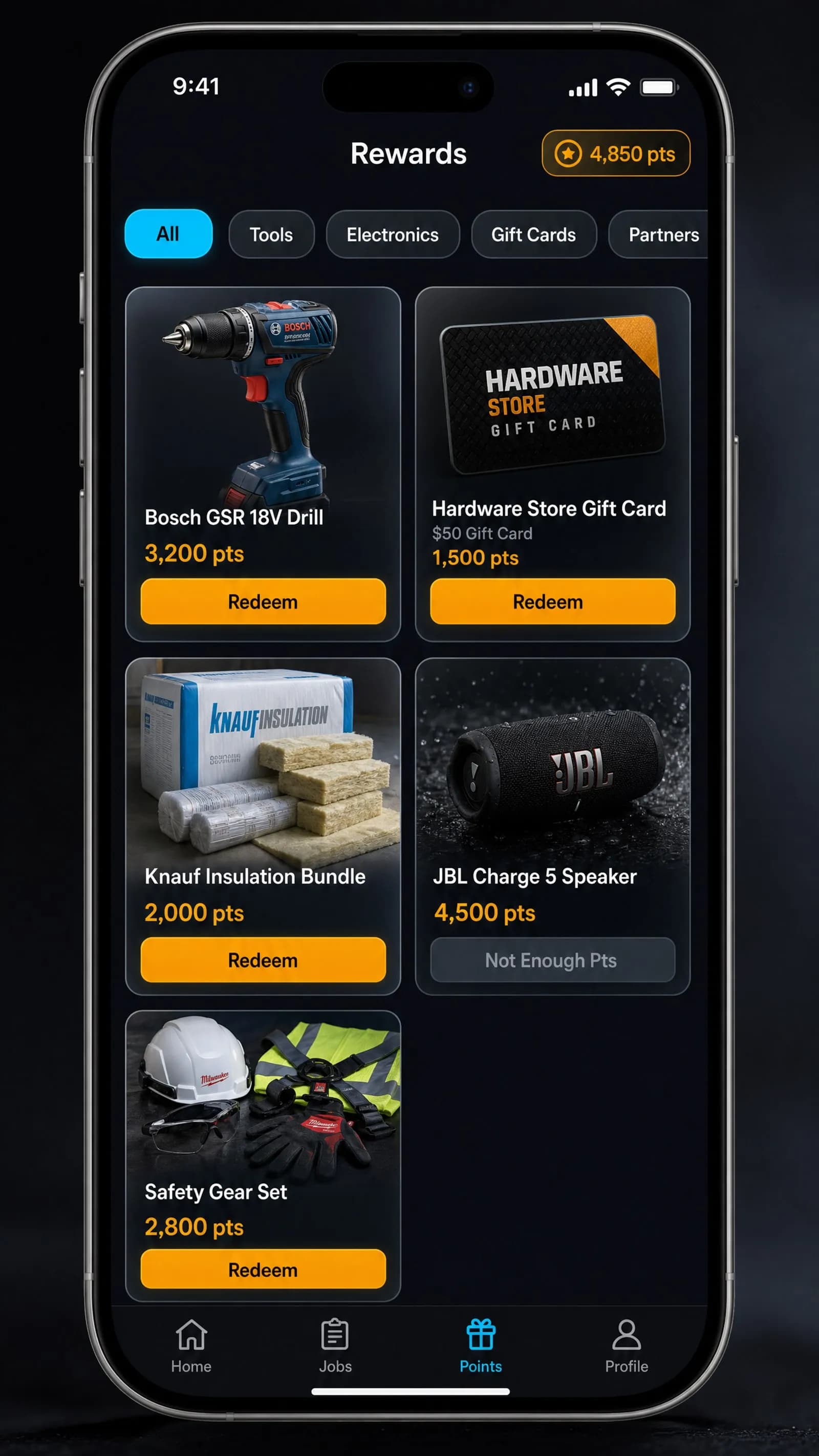 The rewards catalogue in the crew app: points balance, categories and items to redeem.