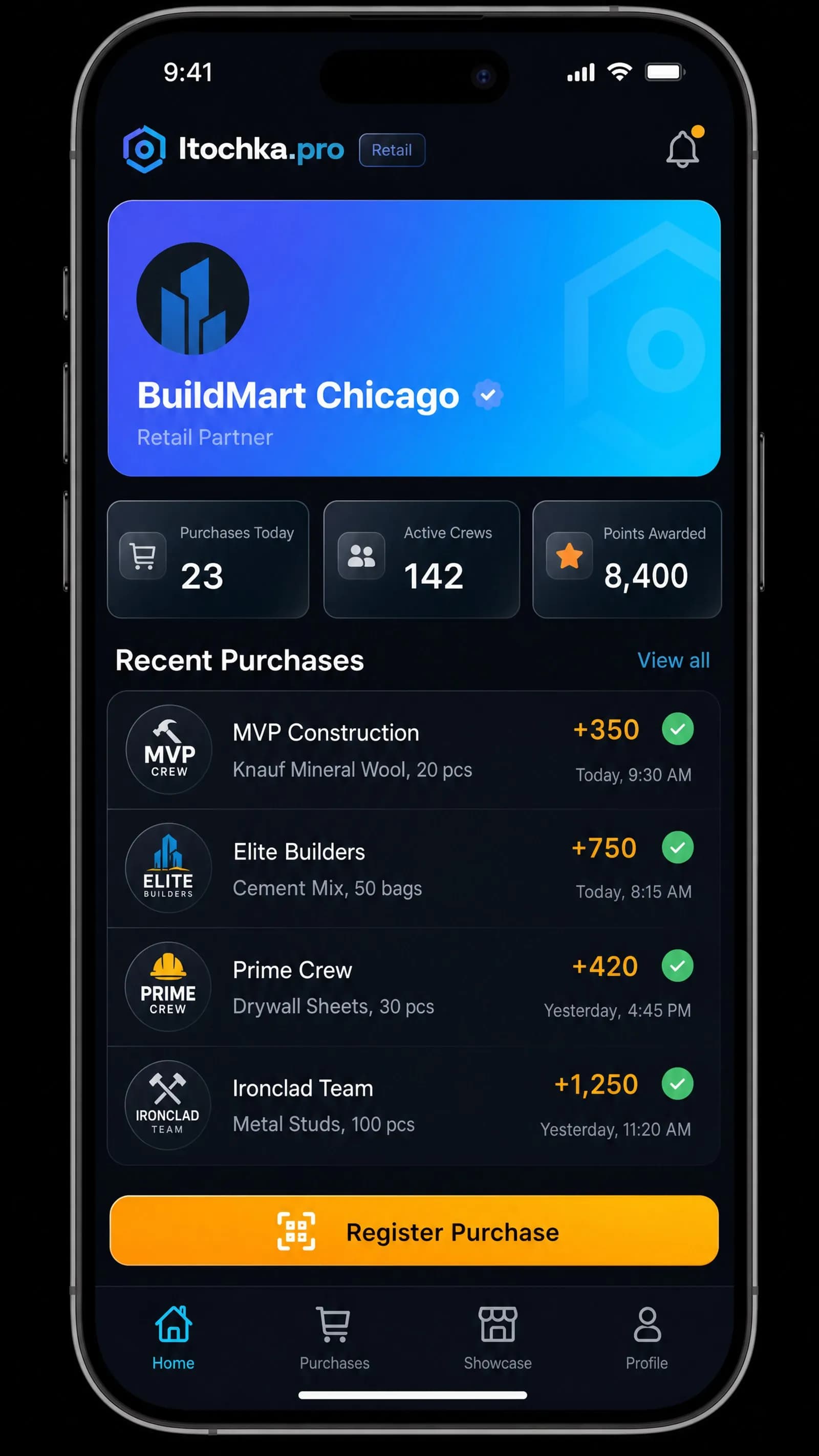 The retail partner dashboard in the mobile app: today's purchases, active crews, points awarded and recent purchases.