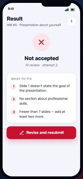 The Alfa Homework app: an AI review returning “Not accepted” with a numbered list of what to fix.
