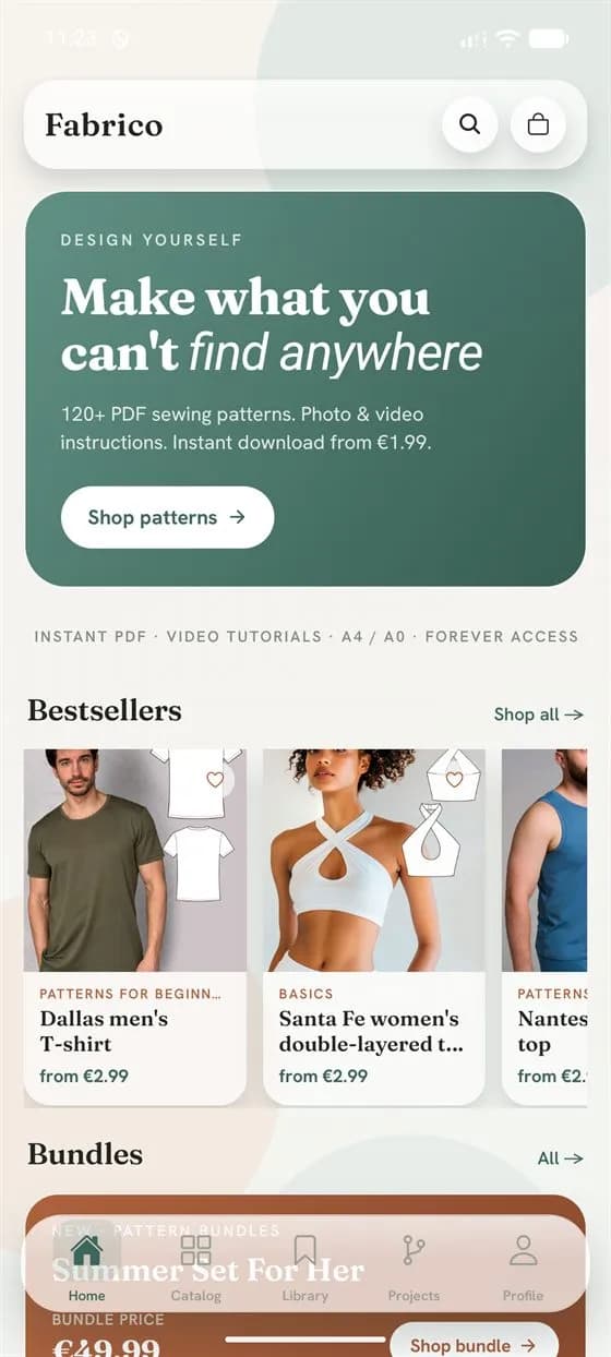 The Fabrico app home screen, with the story banner and a bestsellers rail of sewing patterns.