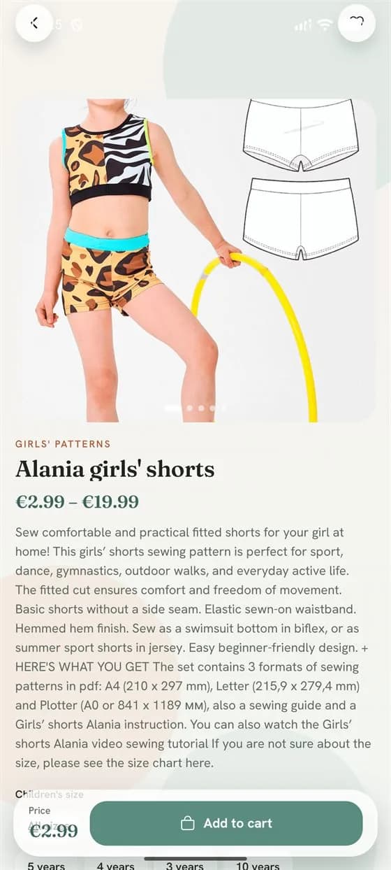 A product page for girls' shorts, with the technical drawing, price range and size picker.