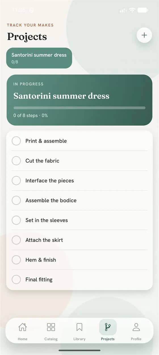 The projects screen, tracking an eight-step sewing checklist with a progress bar.