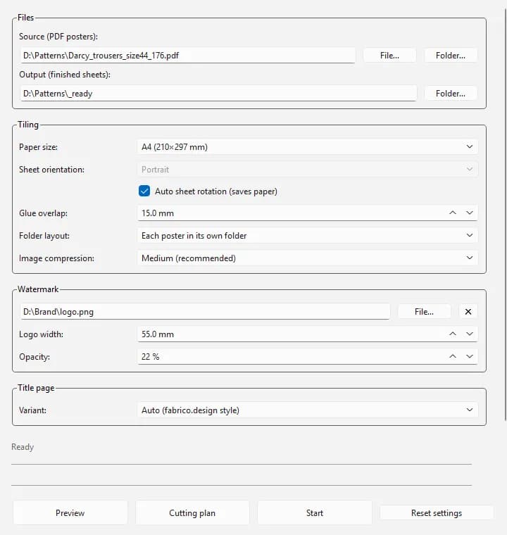 The desktop app: file paths, tiling, watermark and title-page options, with preview and start.