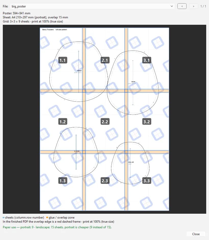 The cutting-plan preview, laying a pattern across a 3×3 grid of A4 sheets with glue margins and sheet numbers.