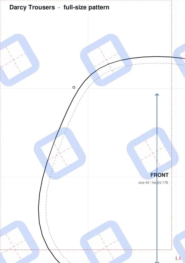 A finished A4 sheet of a full-size trouser pattern, with cut frame, watermark and sheet number.