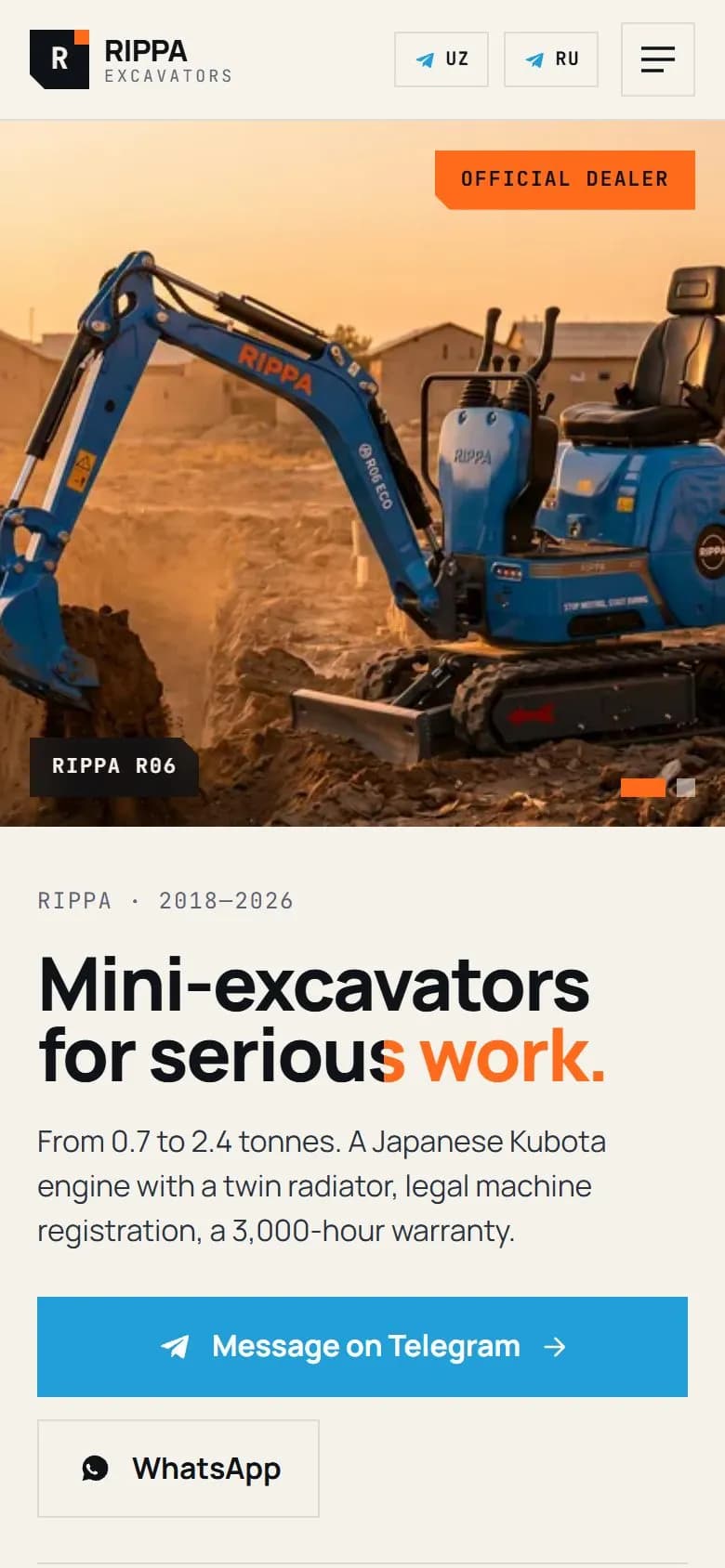 The Rippa storefront home page, with the model slider and one-tap contact options.