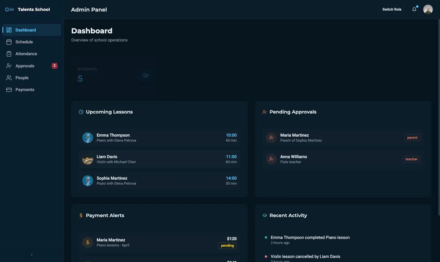 The Talents School administrator dashboard: upcoming lessons, pending approvals and payment alerts.
