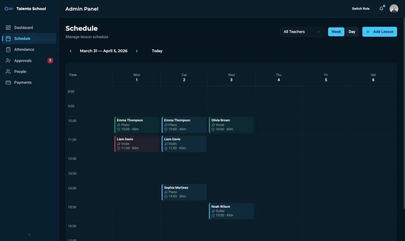 The weekly schedule grid, with colour-coded lessons and a day or week toggle.