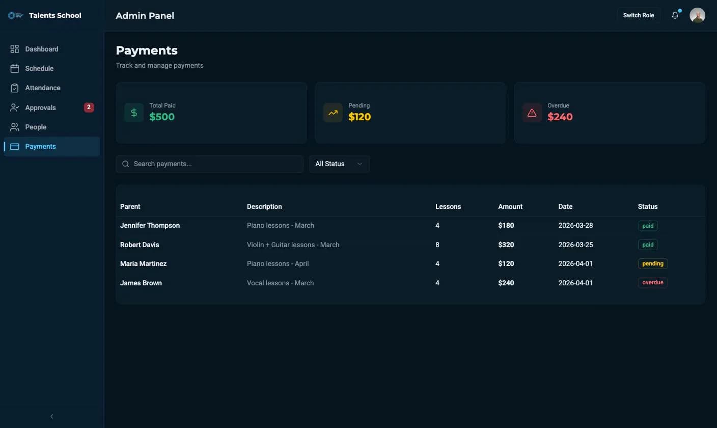 The payments view: paid, pending and overdue totals above the payment table.